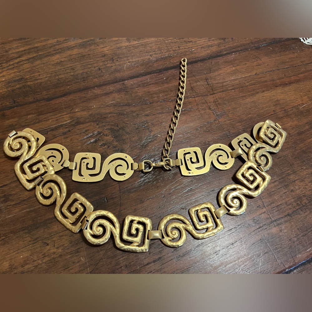 Vintage Escada Signed Gold Greek Key Hammered Metal Chain Belt - Made in Spain